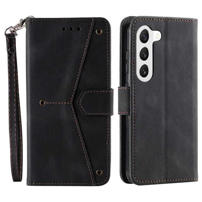 For Samsung Galaxy S23+ Splicing Stitching PU Leather Stand Case Magnetic Clasp Phone Wallet Cover - Black - 1