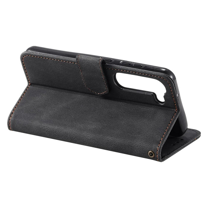 For Samsung Galaxy S23+ Splicing Stitching PU Leather Stand Case Magnetic Clasp Phone Wallet Cover - Black - 4