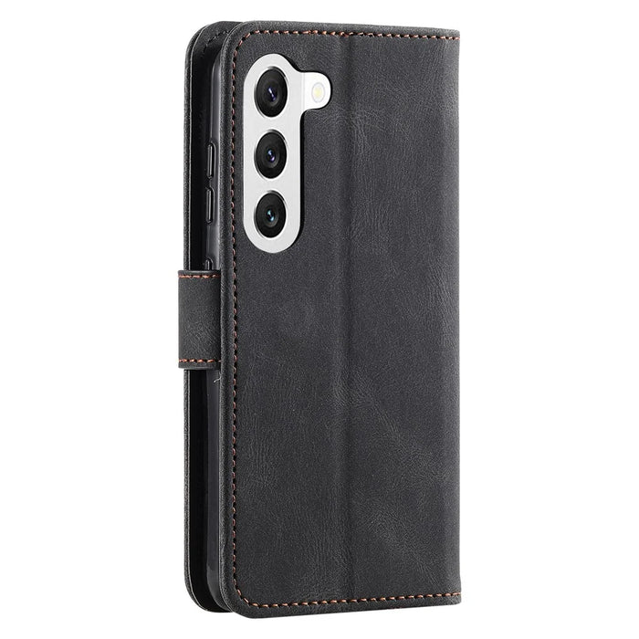 For Samsung Galaxy S23+ Splicing Stitching PU Leather Stand Case Magnetic Clasp Phone Wallet Cover - Black - 6
