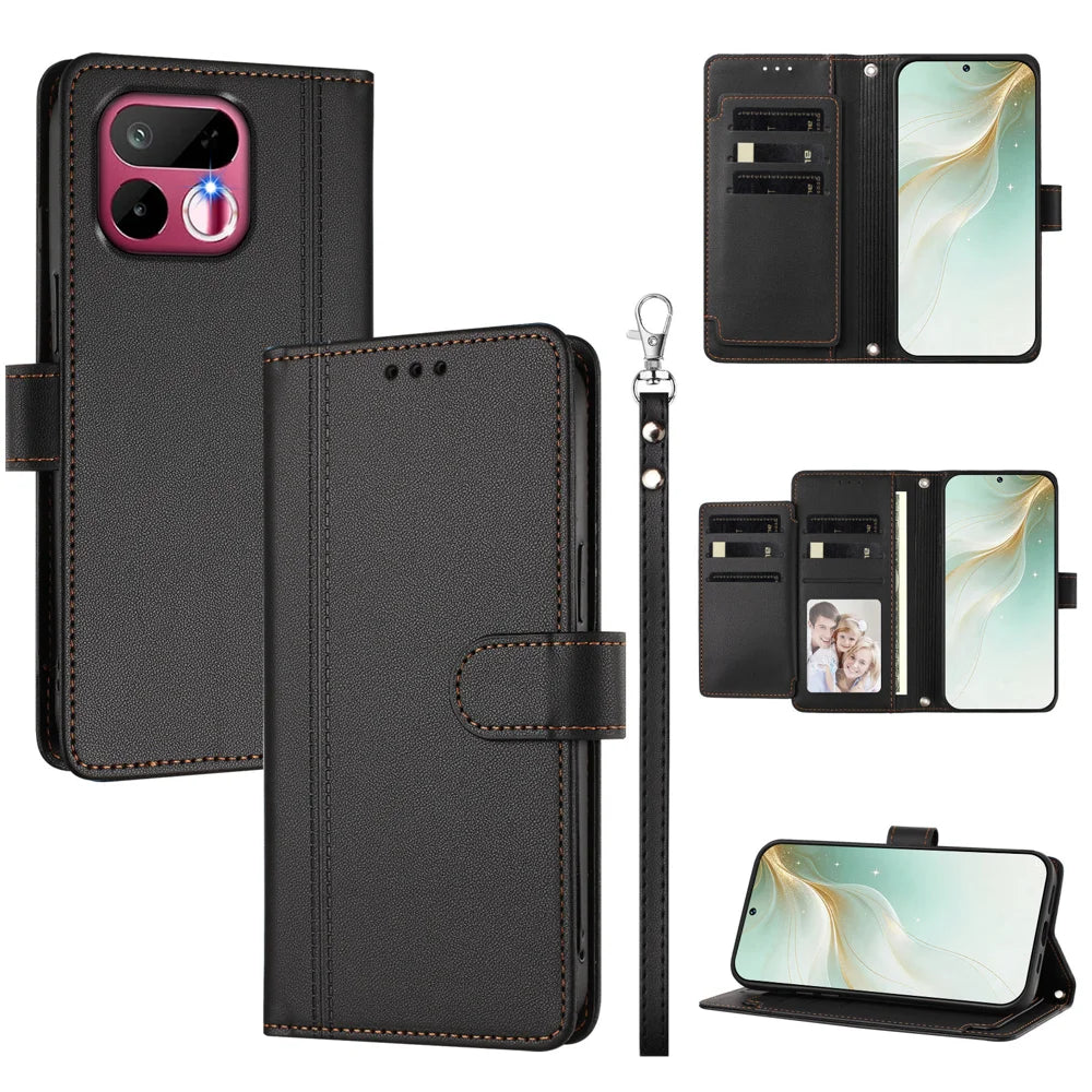 For Realme 16T 5G Case 9 Card Slots PU Leather Flip Wallet Phone Cover with Hand Strap - Black - 1