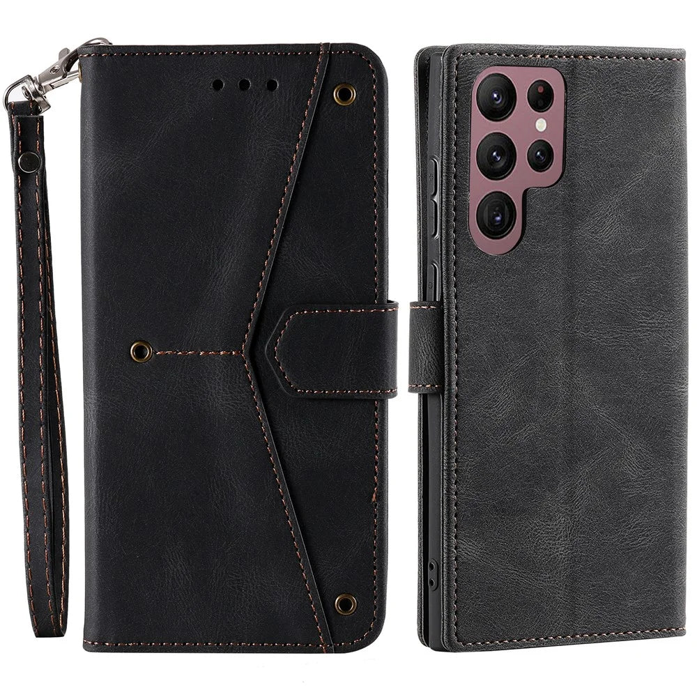 For Samsung Galaxy S23 Ultra Splicing Stitching PU Leather Phone Cover Folio Flip Stand Wallet Case - Black - 1