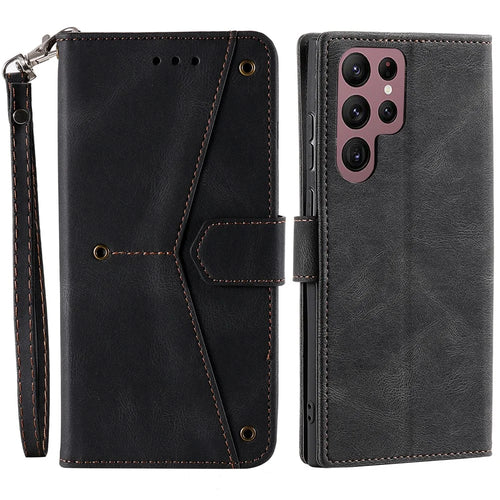 For Samsung Galaxy S23 Ultra Splicing Stitching PU Leather Phone Cover Folio Flip Stand Wallet Case - Black - 1