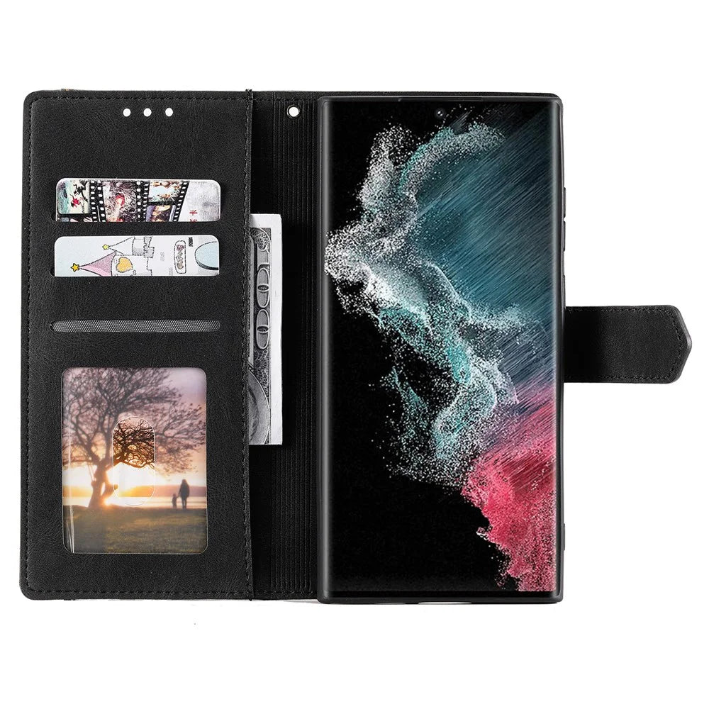 For Samsung Galaxy S23 Ultra Splicing Stitching PU Leather Phone Cover Folio Flip Stand Wallet Case - Black - 2