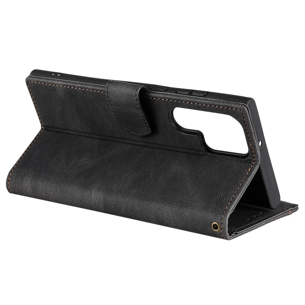 For Samsung Galaxy S23 Ultra Splicing Stitching PU Leather Phone Cover Folio Flip Stand Wallet Case - Black - 3