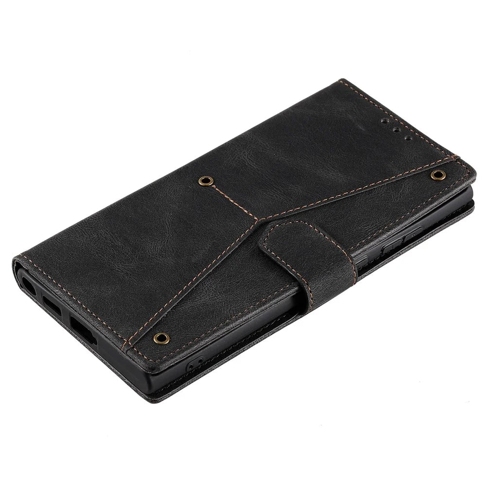 For Samsung Galaxy S23 Ultra Splicing Stitching PU Leather Phone Cover Folio Flip Stand Wallet Case - Black - 4