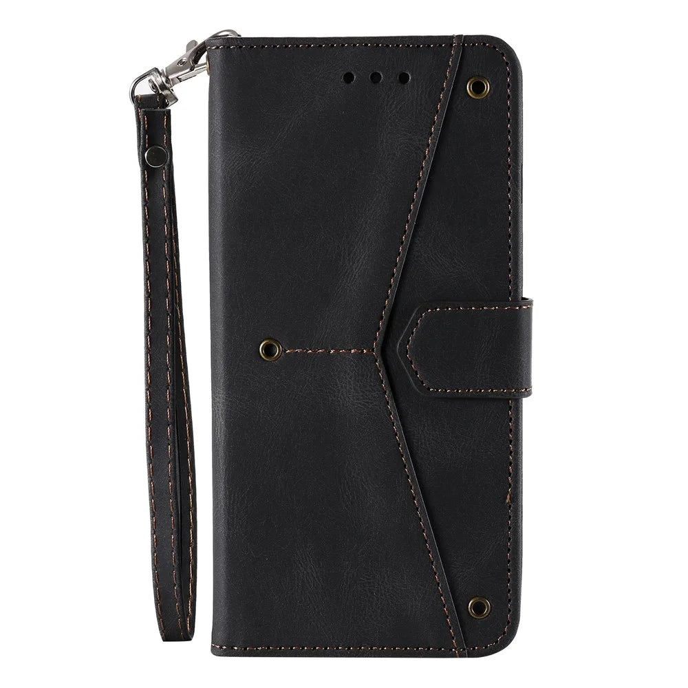 For Samsung Galaxy S23 Ultra Splicing Stitching PU Leather Phone Cover Folio Flip Stand Wallet Case - Black - 5