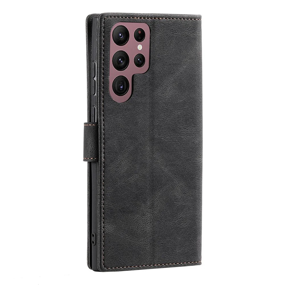 For Samsung Galaxy S23 Ultra Splicing Stitching PU Leather Phone Cover Folio Flip Stand Wallet Case - Black - 6