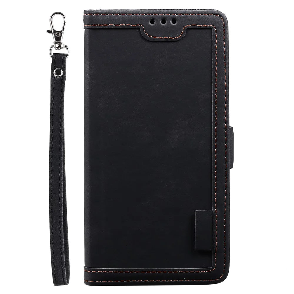 For Samsung Galaxy S23 Retro Splicing Style PU Leather Case Wallet Stand Magnetic Clasp Phone Cover with Strap - Black - 4