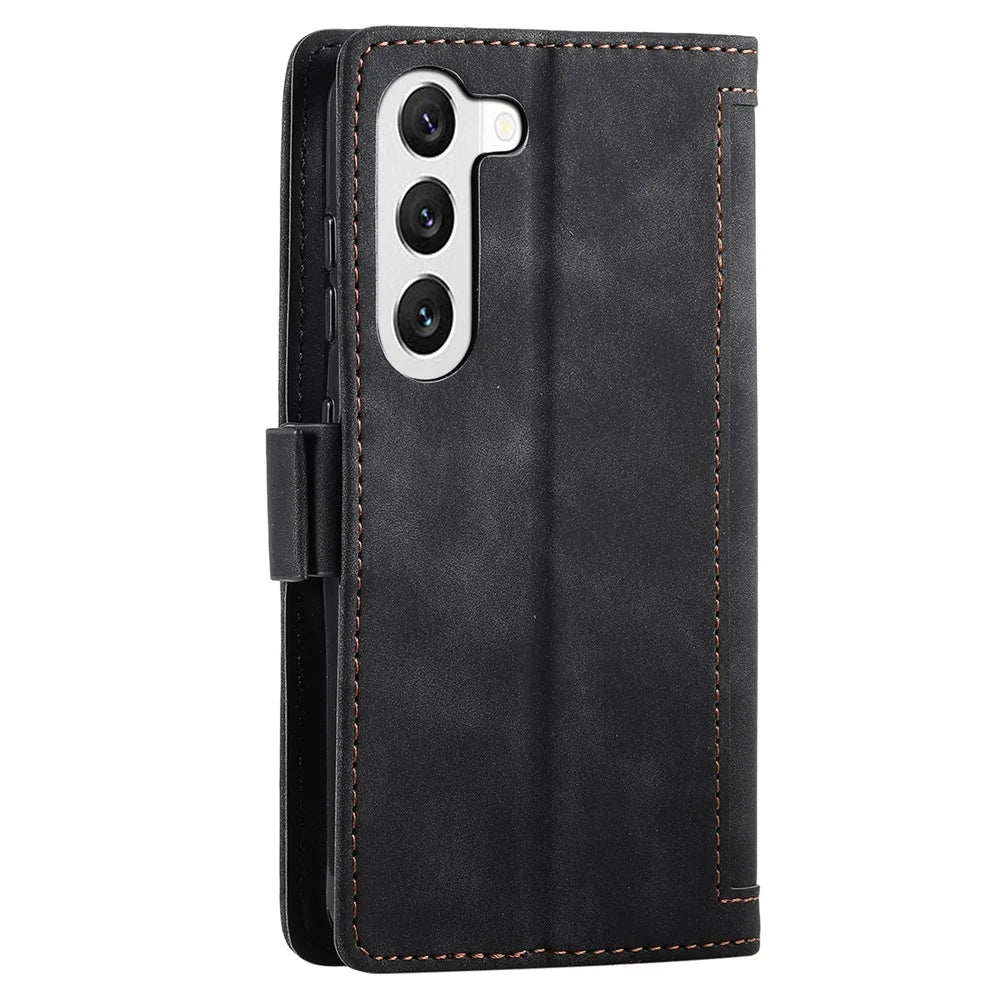 For Samsung Galaxy S23 Retro Splicing Style PU Leather Case Wallet Stand Magnetic Clasp Phone Cover with Strap - Black - 5