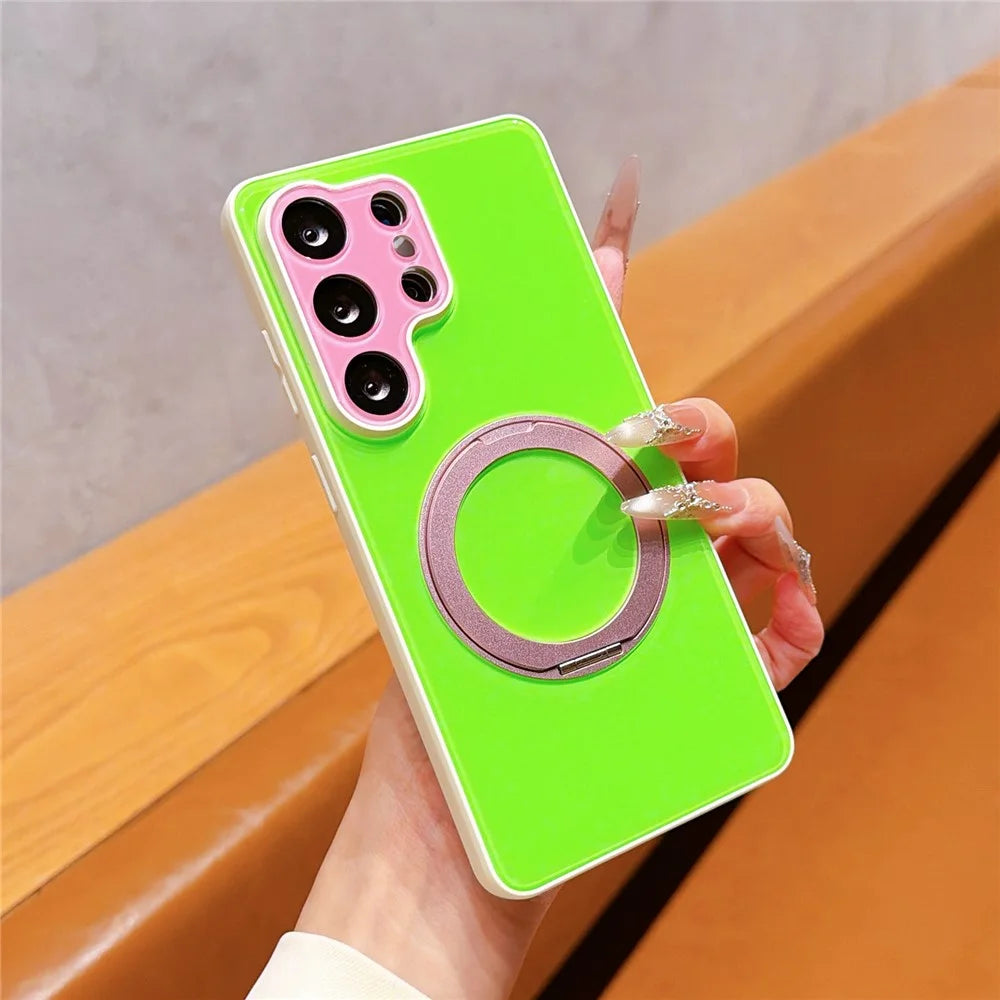 For Samsung Galaxy S25 Ultra Case Magnetic Rotating Kickstand Colorblock Design PC + TPU Phone Cover - White+Green+Pink - 3