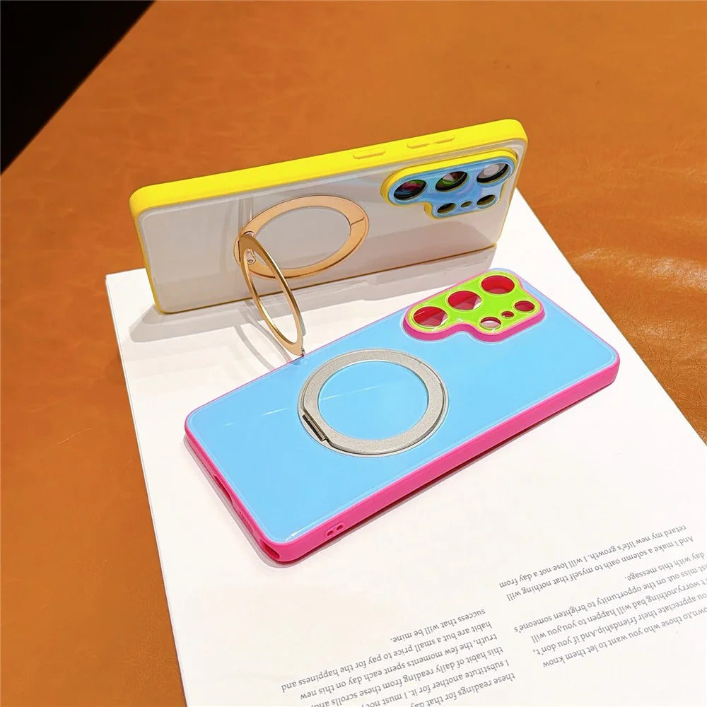 For Samsung Galaxy S25 Ultra Case Magnetic Rotating Kickstand Colorblock Design PC + TPU Phone Cover - White+Green+Pink - 5