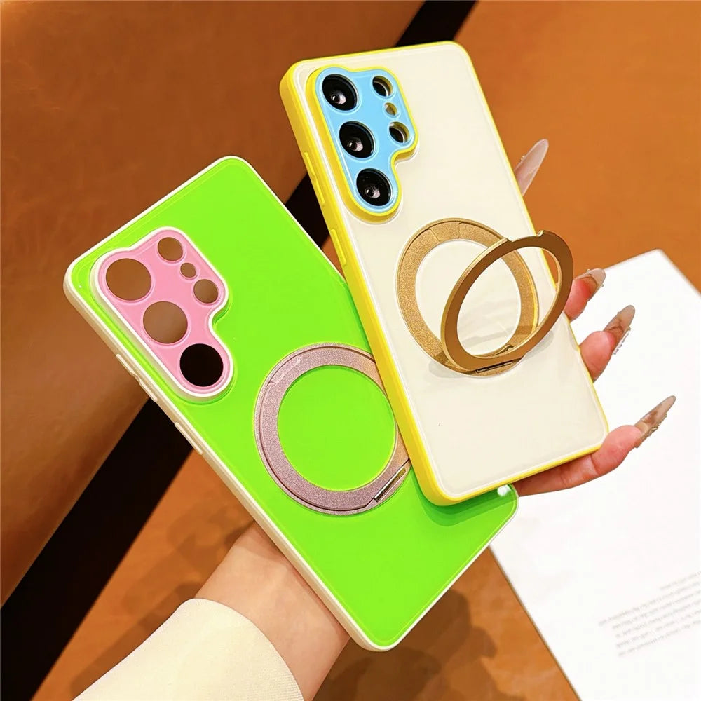 For Samsung Galaxy S25 Ultra Case Magnetic Rotating Kickstand Colorblock Design PC + TPU Phone Cover - White+Green+Pink - 7