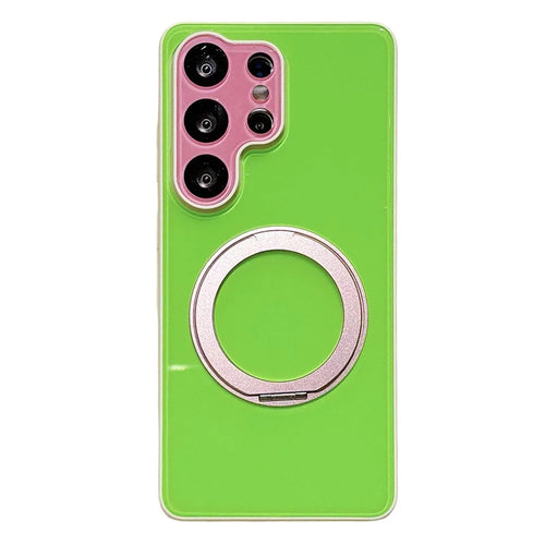 For Samsung Galaxy S24 Ultra Case Magnetic Rotating Kickstand Colorblock Design PC + TPU Phone Cover - White+Green+Pink - 1