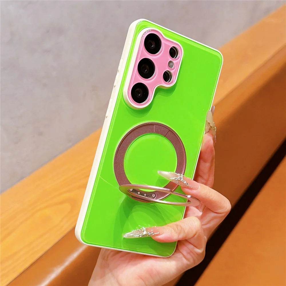 For Samsung Galaxy S24 Ultra Case Magnetic Rotating Kickstand Colorblock Design PC + TPU Phone Cover - White+Green+Pink - 2