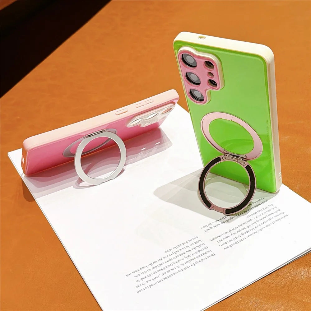 For Samsung Galaxy S24 Ultra Case Magnetic Rotating Kickstand Colorblock Design PC + TPU Phone Cover - White+Green+Pink - 4