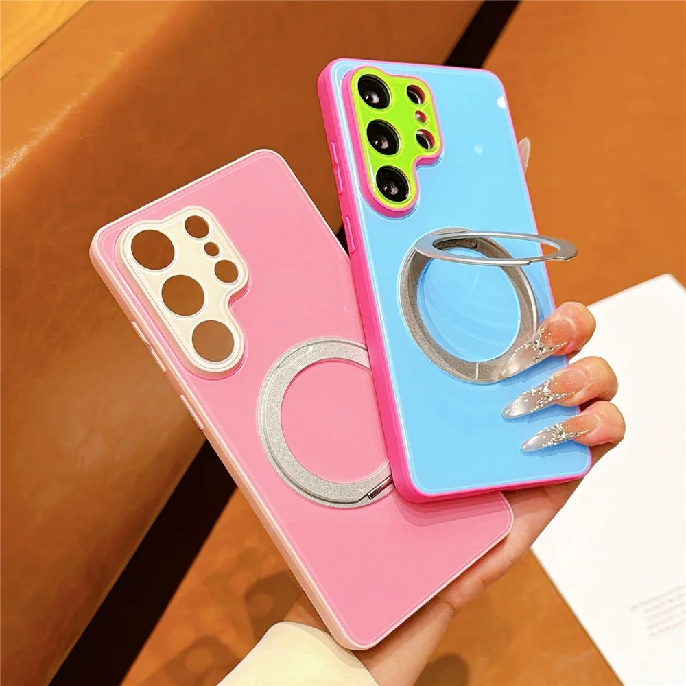 For Samsung Galaxy S24 Ultra Case Magnetic Rotating Kickstand Colorblock Design PC + TPU Phone Cover - White+Green+Pink - 6