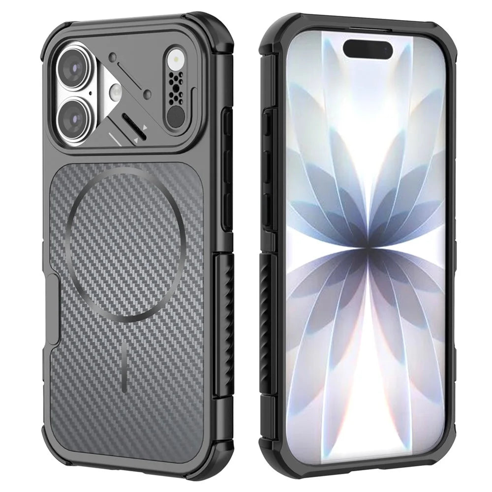 For iPhone 16 Magnetic Case Carbon Fiber Texture PC + TPU Corner Protection Phone Cover - Black - 3