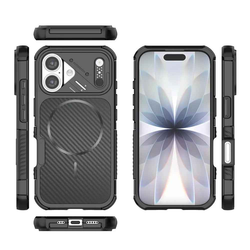 For iPhone 16 Magnetic Case Carbon Fiber Texture PC + TPU Corner Protection Phone Cover - Black - 4