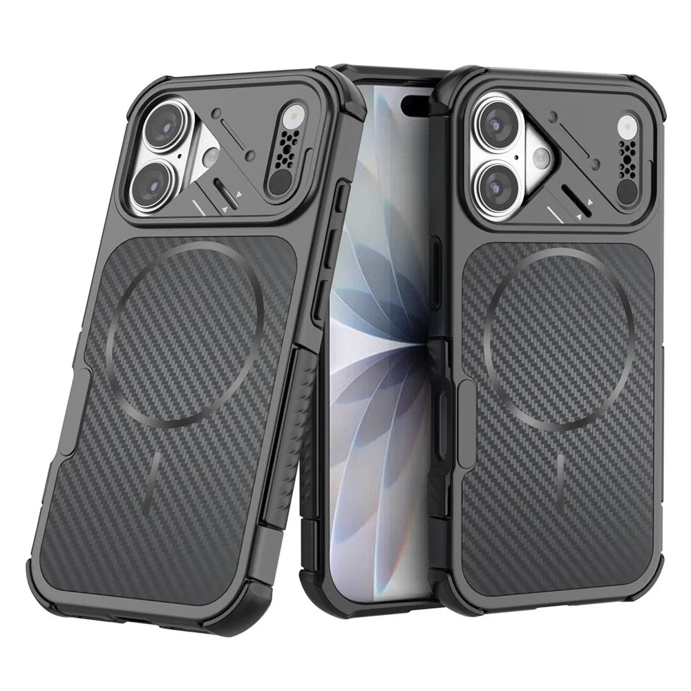 For iPhone 16 Magnetic Case Carbon Fiber Texture PC + TPU Corner Protection Phone Cover - Black - 5