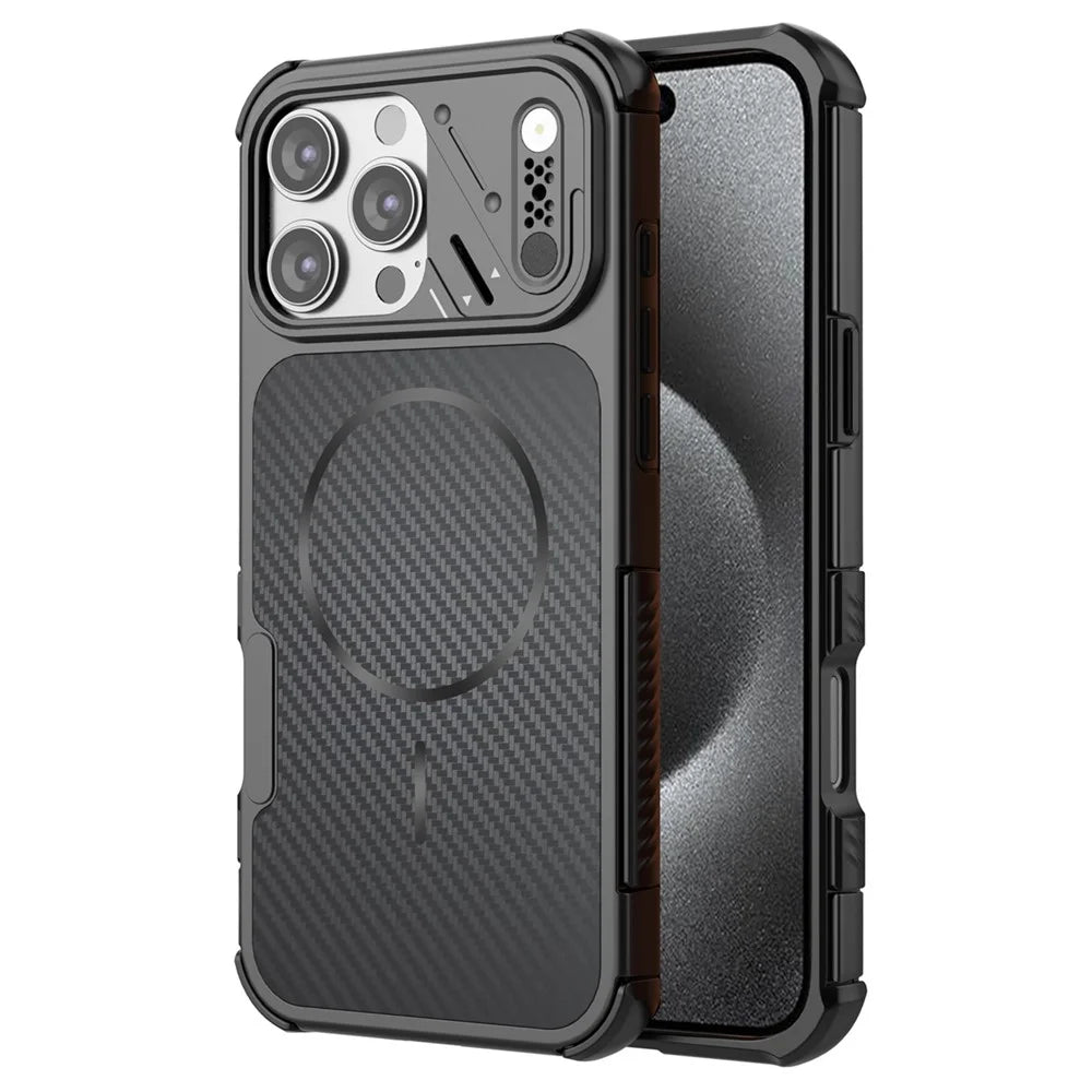 For iPhone 16 Pro Magnetic Case Carbon Fiber Texture PC + TPU Corner Protection Phone Cover - Black - 1