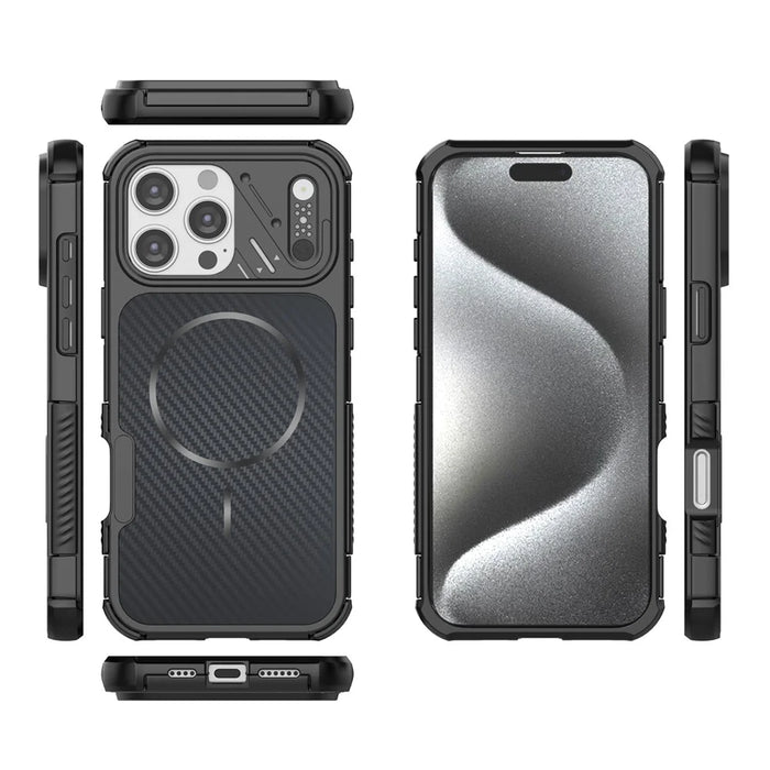For iPhone 16 Pro Magnetic Case Carbon Fiber Texture PC + TPU Corner Protection Phone Cover - Black - 4