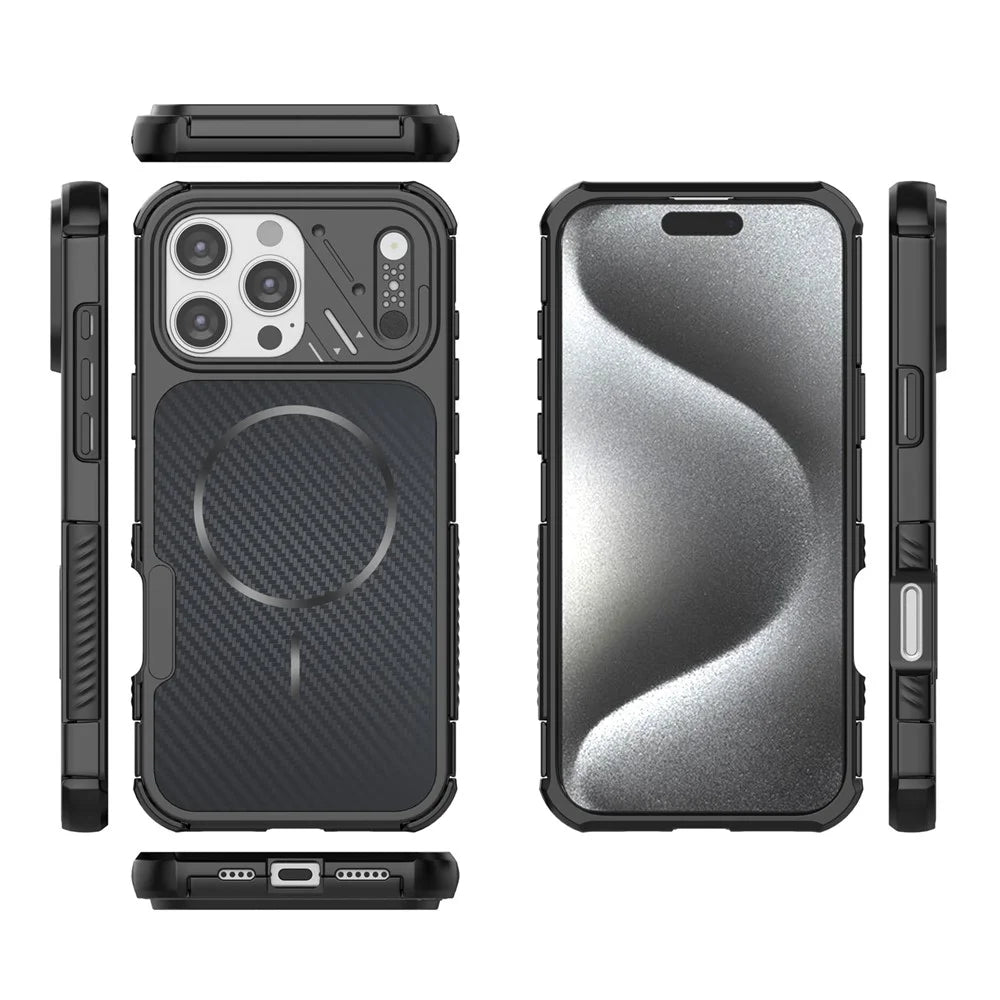 For iPhone 16 Pro Max Magnetic Case Carbon Fiber Texture PC + TPU Corner Protection Phone Cover - Black - 4
