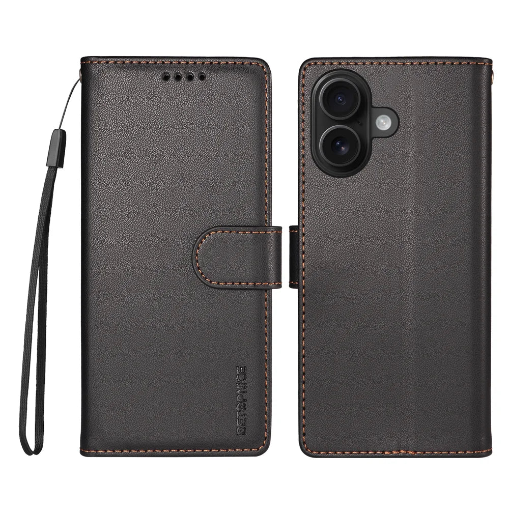 BETOPNICE 006 for iPhone 16 Case RFID Blocking Wallet Stand Leather Phone Cover with Wrist Strap - Black - 1