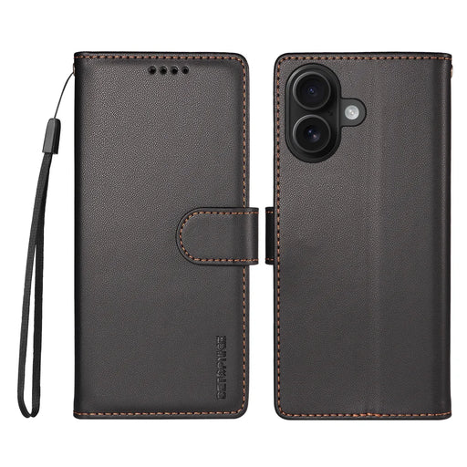 BETOPNICE 006 for iPhone 16 Case RFID Blocking Wallet Stand Leather Phone Cover with Wrist Strap - Black - 1