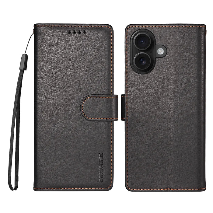BETOPNICE 006 for iPhone 16 Case RFID Blocking Wallet Stand Leather Phone Cover with Wrist Strap - Black - 1