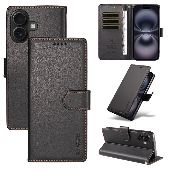 BETOPNICE 006 for iPhone 16 Case RFID Blocking Wallet Stand Leather Phone Cover with Wrist Strap - Black - 3
