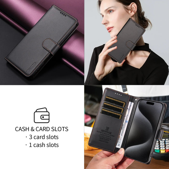 BETOPNICE 006 for iPhone 16 Case RFID Blocking Wallet Stand Leather Phone Cover with Wrist Strap - Black - 7