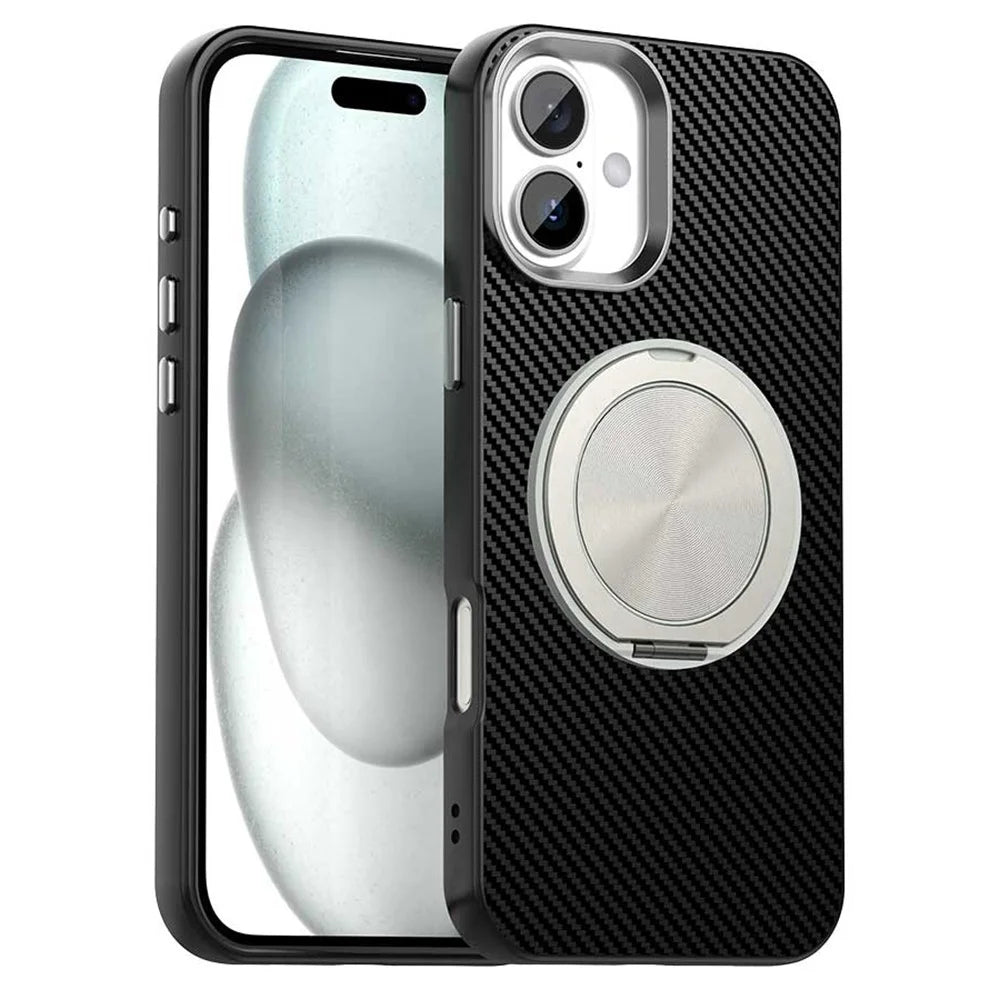 For iPhone 16 Case Rotating Magnetic Kickstand Carbon Fiber Texture TPU + PET + PC Phone Cover - Black - 1