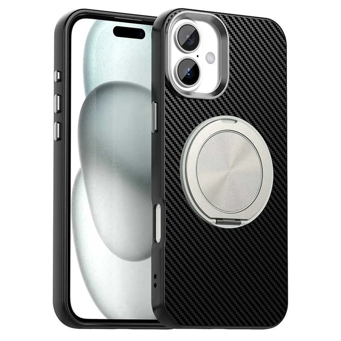 For iPhone 16 Case Rotating Magnetic Kickstand Carbon Fiber Texture TPU + PET + PC Phone Cover - Black - 1