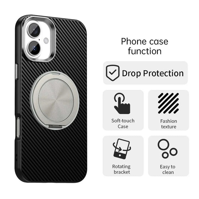 For iPhone 16 Case Rotating Magnetic Kickstand Carbon Fiber Texture TPU + PET + PC Phone Cover - Black - 2