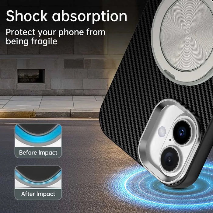 For iPhone 16 Case Rotating Magnetic Kickstand Carbon Fiber Texture TPU + PET + PC Phone Cover - Black - 3