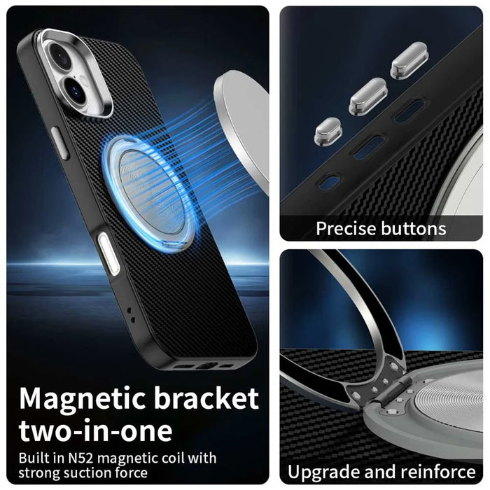 For iPhone 16 Case Rotating Magnetic Kickstand Carbon Fiber Texture TPU + PET + PC Phone Cover - Black - 5