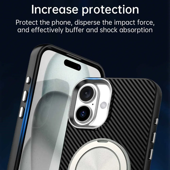 For iPhone 16 Case Rotating Magnetic Kickstand Carbon Fiber Texture TPU + PET + PC Phone Cover - Black - 7