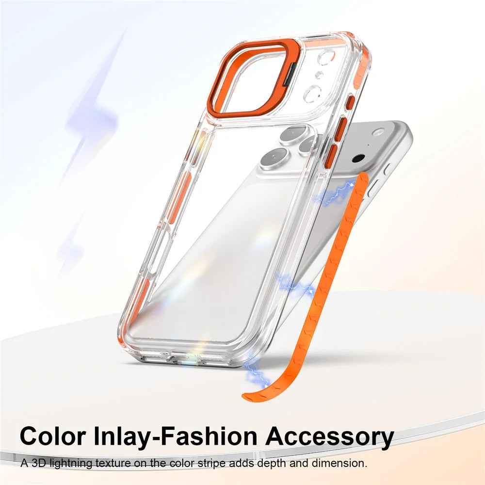 For iPhone 18 Pro Max  /  17 Pro Max Case Metal Camera Kickstand Shockproof Clear PC + TPU Phone Cover - Transparent Orange - 4