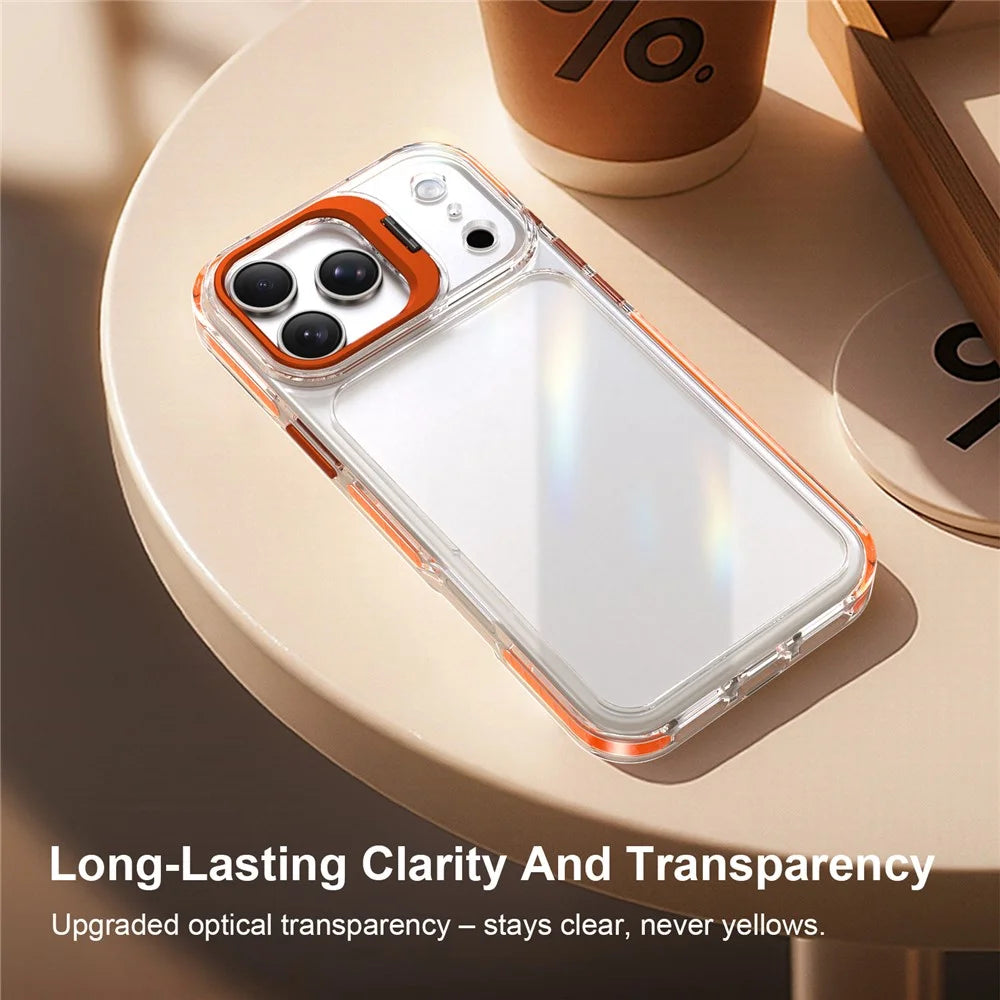 For iPhone 18 Pro Max  /  17 Pro Max Case Metal Camera Kickstand Shockproof Clear PC + TPU Phone Cover - Transparent Orange - 6