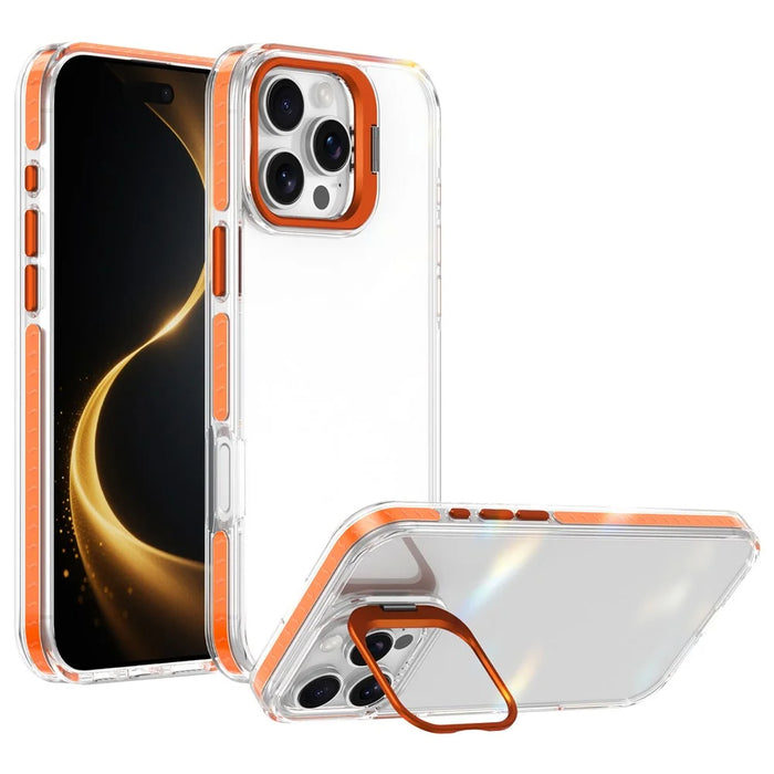 For iPhone 16 Pro Case Metal Camera Kickstand Shockproof Clear PC + TPU Phone Cover - Transparent Orange - 1