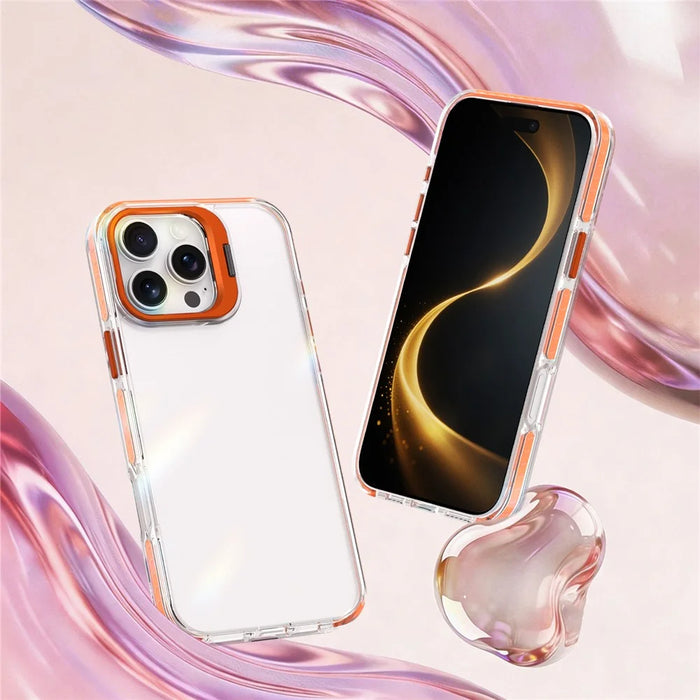 For iPhone 16 Pro Case Metal Camera Kickstand Shockproof Clear PC + TPU Phone Cover - Transparent Orange - 2