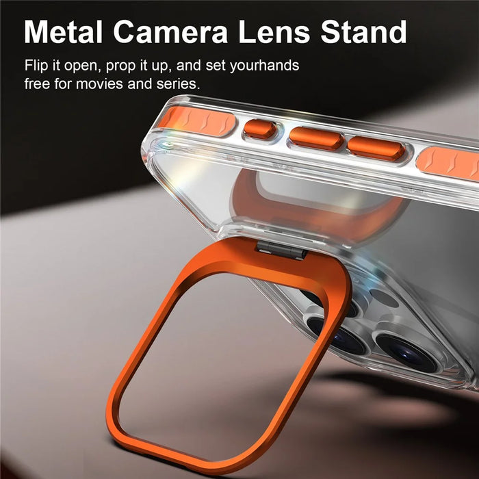 For iPhone 16 Pro Case Metal Camera Kickstand Shockproof Clear PC + TPU Phone Cover - Transparent Orange - 5