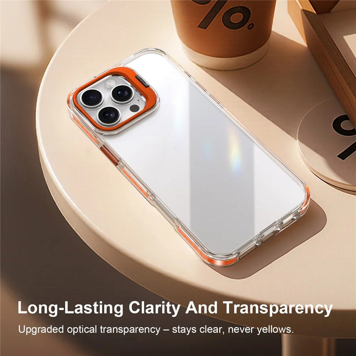 For iPhone 16 Pro Case Metal Camera Kickstand Shockproof Clear PC + TPU Phone Cover - Transparent Orange - 6
