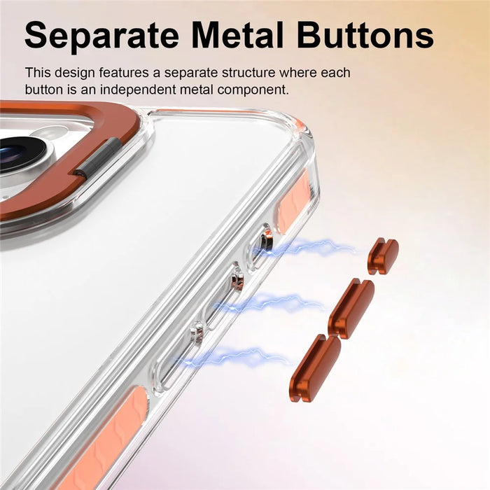 For iPhone 16 Pro Case Metal Camera Kickstand Shockproof Clear PC + TPU Phone Cover - Transparent Orange - 7