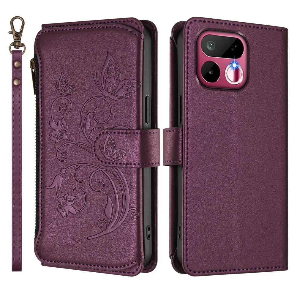 For Realme 16T 5G Leather Case Butterfly Floral Imprint Zipper Wallet Stand Cover with Wrist Strap - Purple - 2