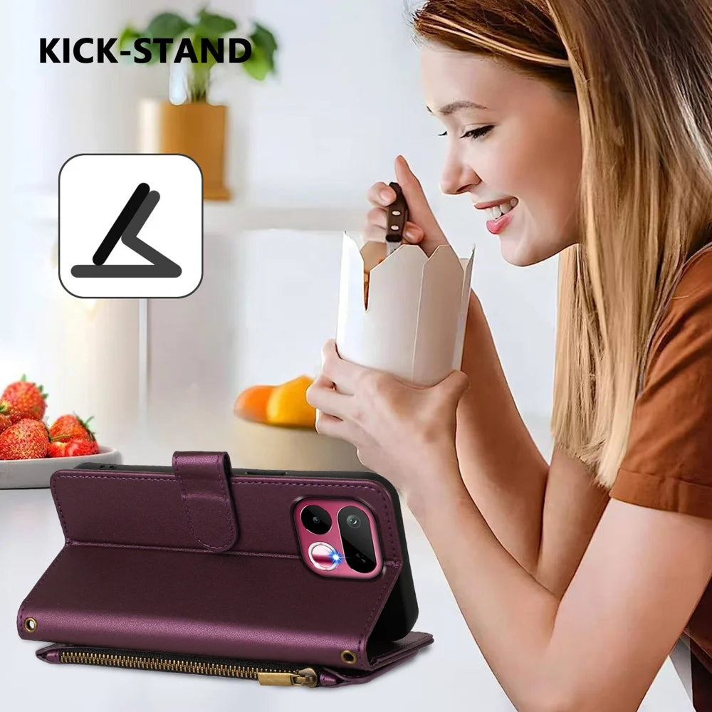 For Realme 16T 5G Leather Case Butterfly Floral Imprint Zipper Wallet Stand Cover with Wrist Strap - Purple - 3