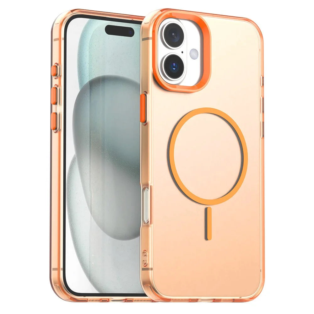 For iPhone 16 Magnetic Case PC + TPU + PET Air Cushion Shockproof Phone Cover - Orange - 1