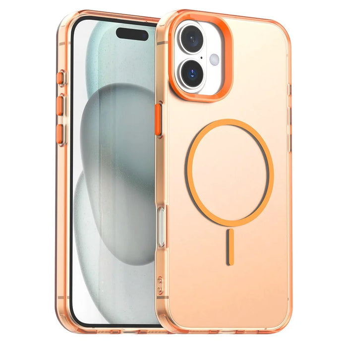 For iPhone 16 Magnetic Case PC + TPU + PET Air Cushion Shockproof Phone Cover - Orange - 1