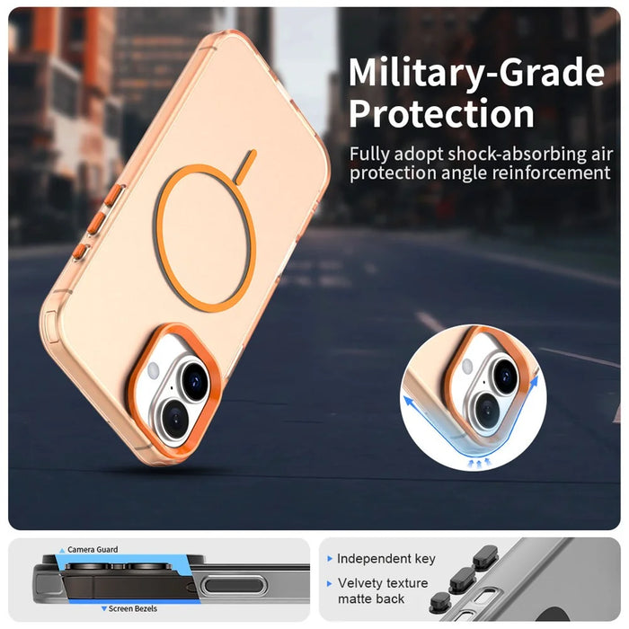 For iPhone 16 Magnetic Case PC + TPU + PET Air Cushion Shockproof Phone Cover - Orange - 2