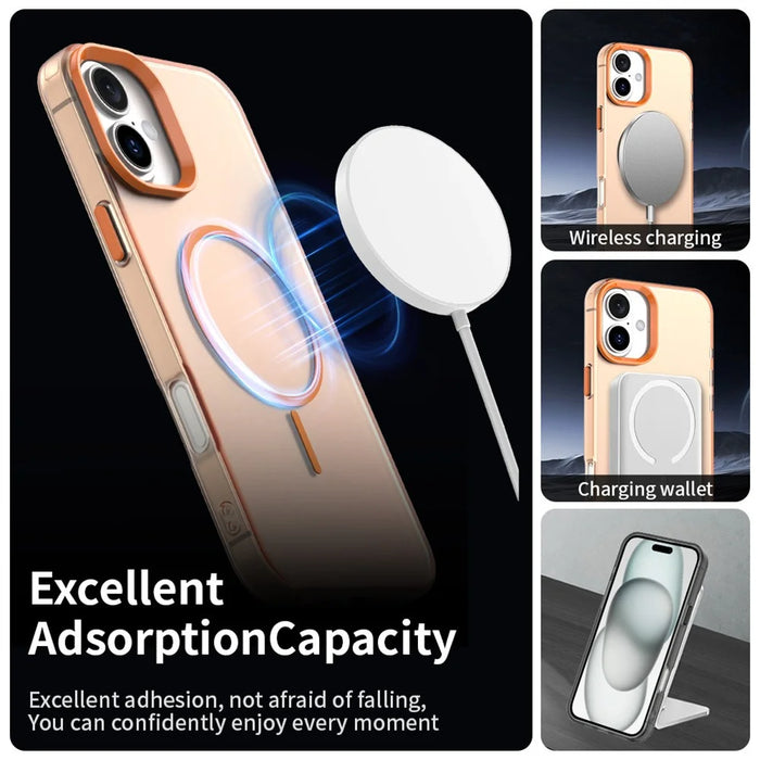 For iPhone 16 Magnetic Case PC + TPU + PET Air Cushion Shockproof Phone Cover - Orange - 3